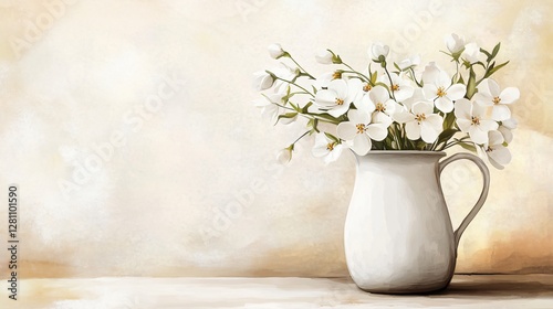 Wallpaper Mural Watercolor Painting of White Flowers in a White Jug Set on a Table Torontodigital.ca
