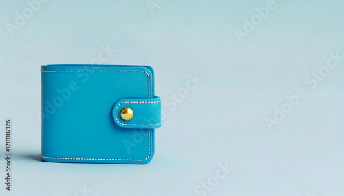 A vibrant blue wallet stands upright against a light backdrop, showcasing its sleek design and unique button closure.