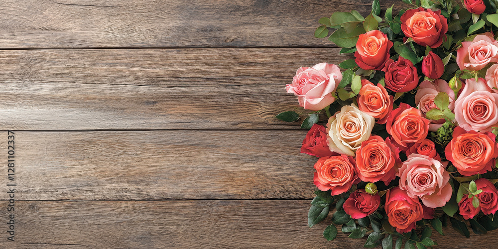 A vibrant arrangement of roses in shades of pink and orange sits on a rustic wooden surface, creating a warm and inviting atmosphere. A vibrant arrangement of roses in shades of pink and orange sits on a rustic wooden surface, creating a warm and inviting atmosphere.