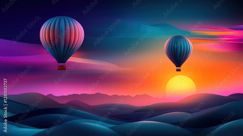 Obraz premium Colorful hot air balloons at sunset over mountains.