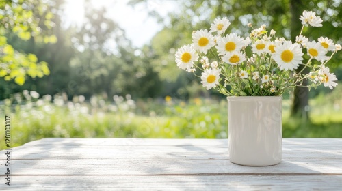 Daisies in Vase on Wooden Table, Sunny Day, Outdoor Setting, Peaceful Scene, Ideal for Spring or Summer, Stock Photo, Background Use