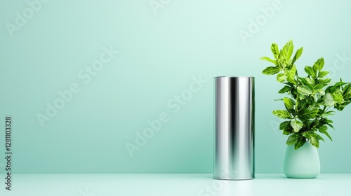 Wallpaper Mural Silver cylinder, green plant, pastel background. Product display, minimal design Torontodigital.ca