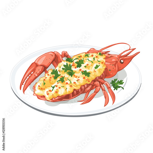 Flat vector lobster thermidor, minimalist design, isolated on a white background.

