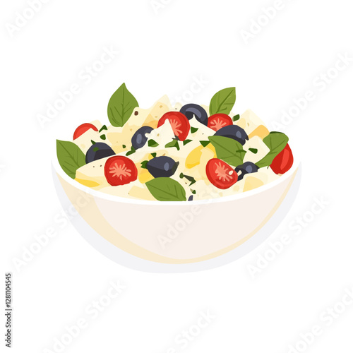 Flat vector melitzanosalata, minimalist design, isolated on a white background.

