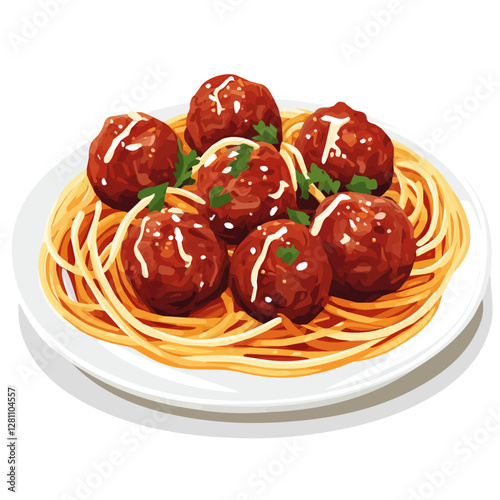 Flat vector meatballs and spaghetti, minimalist design, isolated on a white background.

