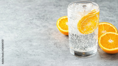 Refreshing Orange Sparkling Water Drink on Gray Stone Surface