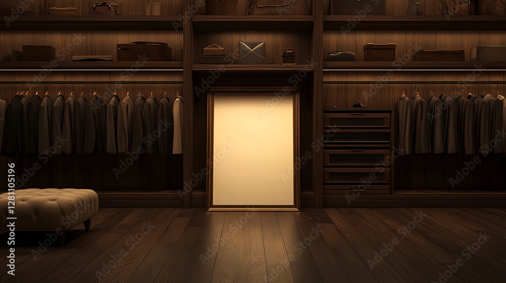 Fototapeta premium Empty Poster Frame on Dark Wood Shelf with Accessories Displayed