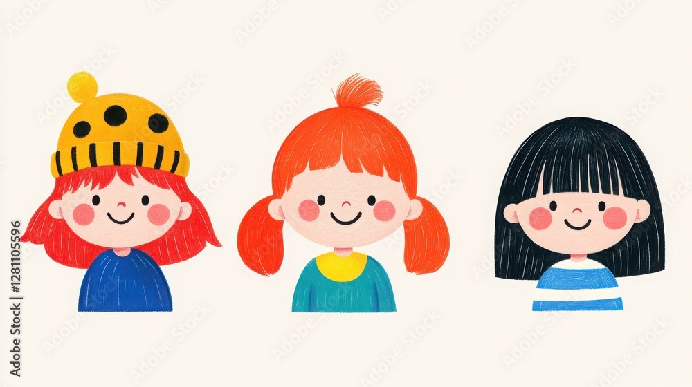 Three cheerful illustrated children display diverse hairstyles and expressions, perfect for children's themes and educational materials. Three cheerful illustrated children display diverse hairstyles and expressions, perfect for children's themes and educational materials.