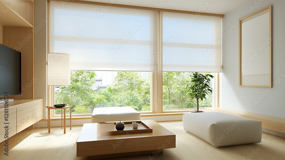 Fototapeta premium minimalist living room interior, design, living, room, patterns Modern living room with large windows and greenery