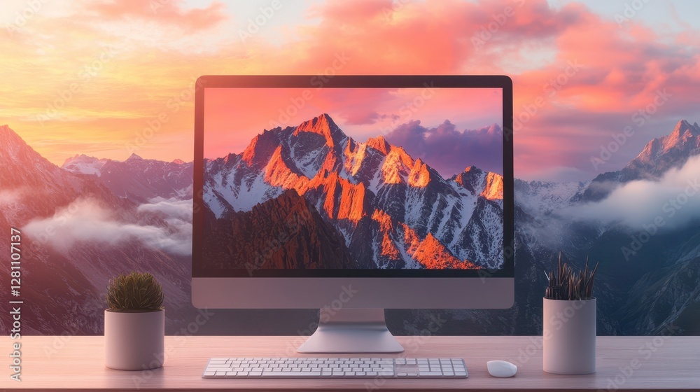 Fototapeta premium A computer monitor is positioned on a desk, showcasing a stunning mountain view in the background, blending technology with nature's beauty.