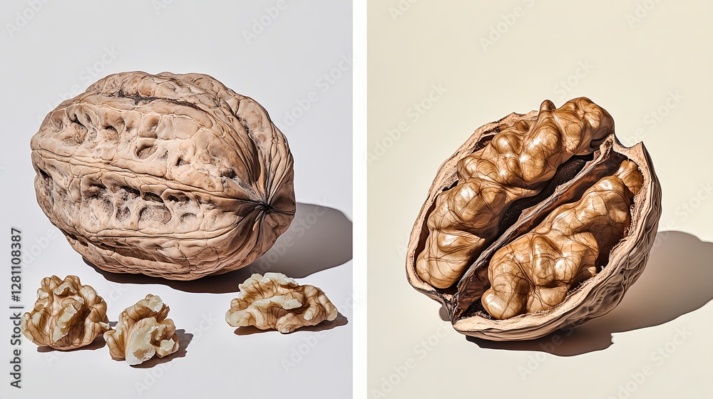 Fototapeta premium Closed Walnuts with One Open Walnut Against White Background