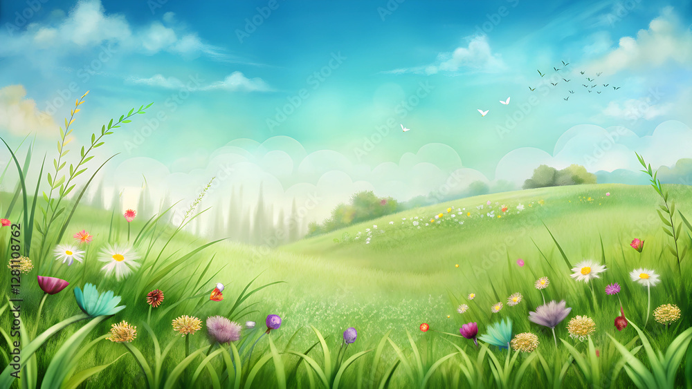 Watercolor meadow background, lush green grass and blooming flowers in vibrant colors, symbolizing growth and joy during Eid al-Adha festivities with copy space Watercolor meadow background, lush green grass and blooming flowers in vibrant colors, symbolizing growth and joy during Eid al-Adha festivities with copy space