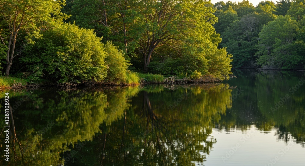 Serene lakeside view with lush greenery reflecting on calm water during golden hour, ideal for relaxation Serene lakeside view with lush greenery reflecting on calm water during golden hour, ideal for relaxation