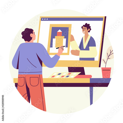 A flat illustration of a character doing digital crafting 