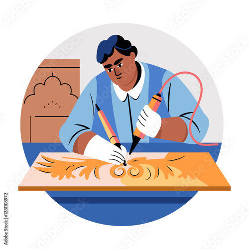 A flat illustration of a character making carving design 