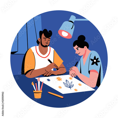 A flat illustration of an artist sketching tattoo on a paper 