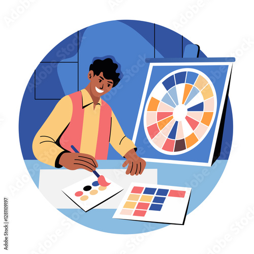 A flat illustration of a character making an art with colour combination technique 