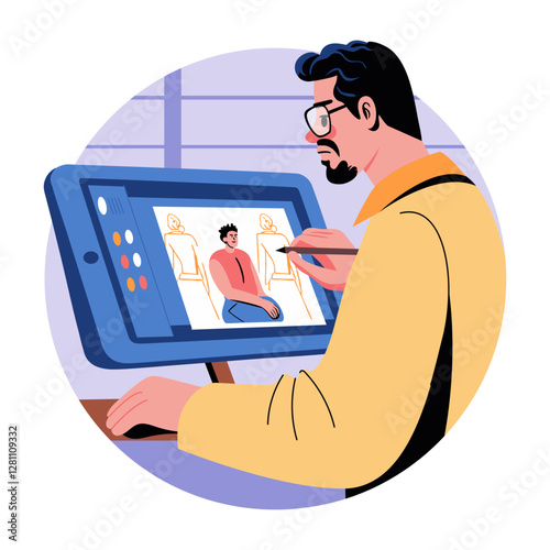 A flat illustration of a character using drawing tablet 