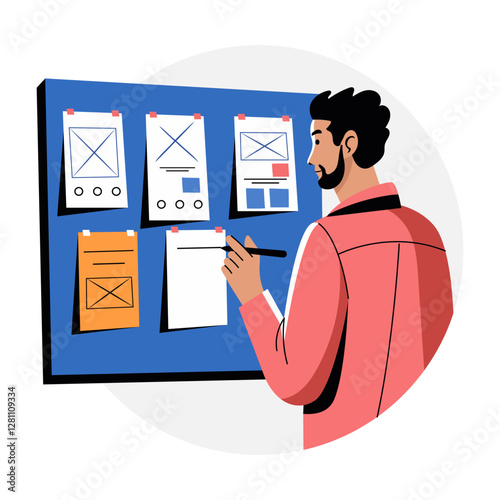 A flat illustration of a character making wireframe design 