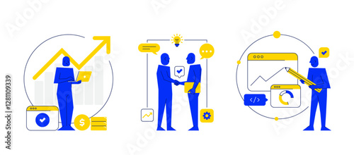 Stock trading, stakeholder, investment, analysis, trader strategy concept illustrations. Collection of scenes with people trading on a stock market, losing or gaining profit. Trendy vector