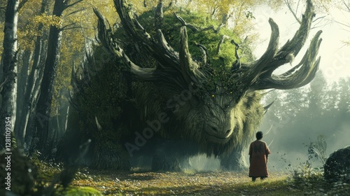 A colossal, moss-covered beast with massive antlers stands in a misty autumn forest, observed by a lone figure.