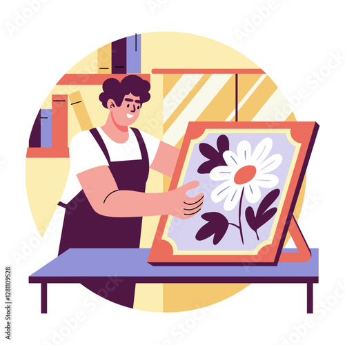 A flat illustration of a character making flower painting 