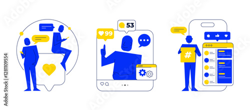 Social Media illustration set. Characters holding smartphones, digital devices, using mobile apps, social media, internet for online communication. Flat vector illustration