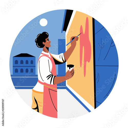 A flat illustration of a character making street art 