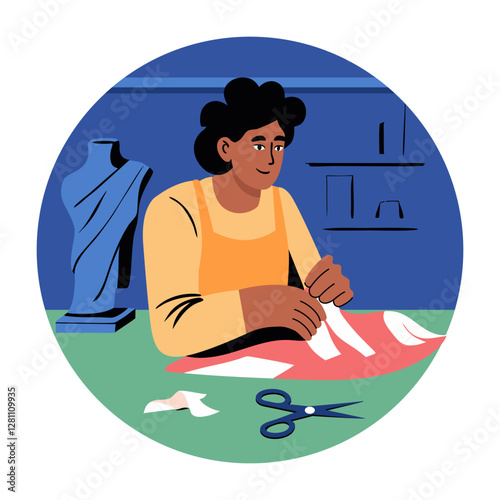 A flat illustration of a character doing paper drafting 