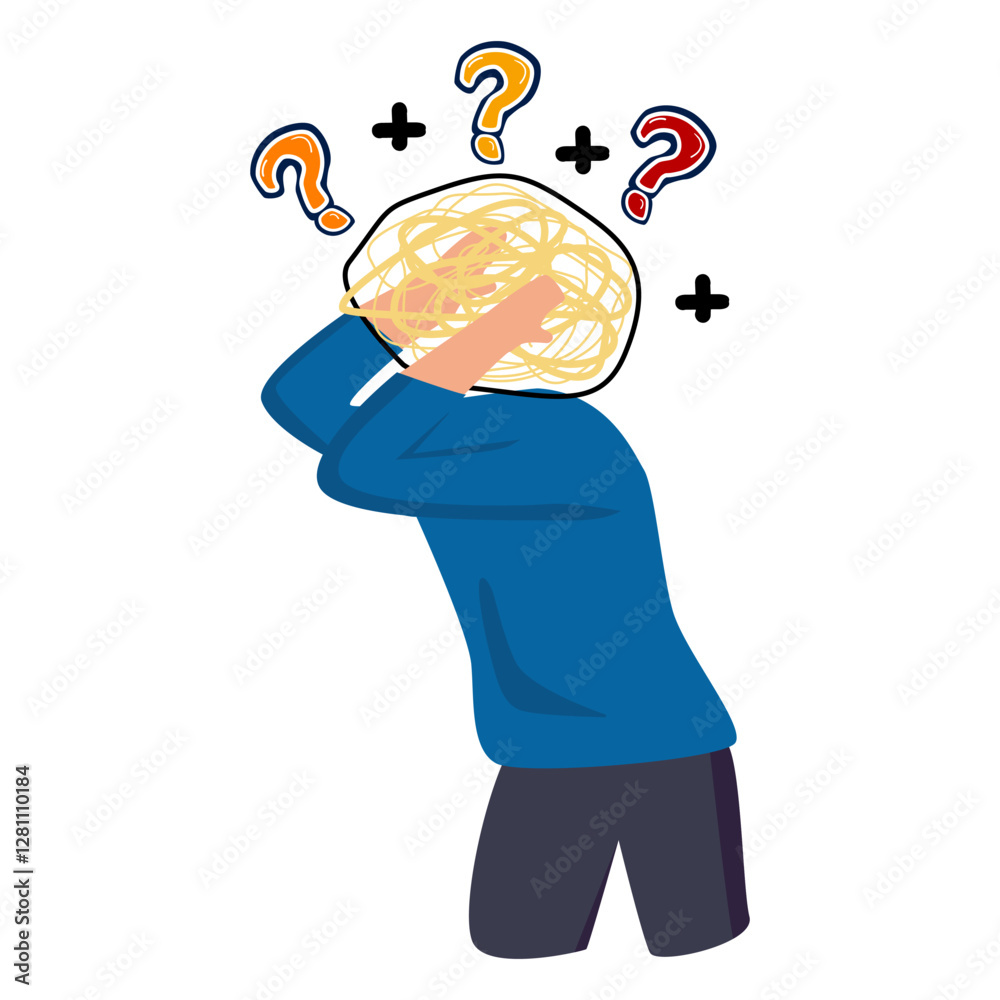 Young boy Overthinking, too much worried, stress or anxiety, self doubt. cartoon Young boy Overthinking, too much worried, stress or anxiety, self doubt. cartoon