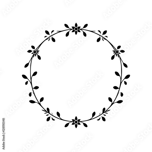 Floral Wreath Border with black flowers and leaves on a pure white background