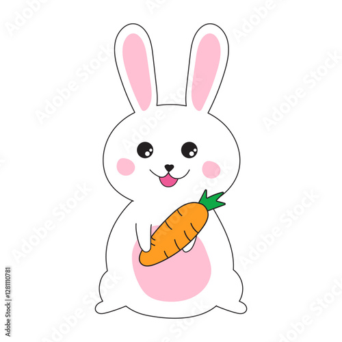 Cute rabbit and carrot.Happy Easter Day element.Kawaii smiling bunny holding carrot cartoon character vector illustration symbol.
