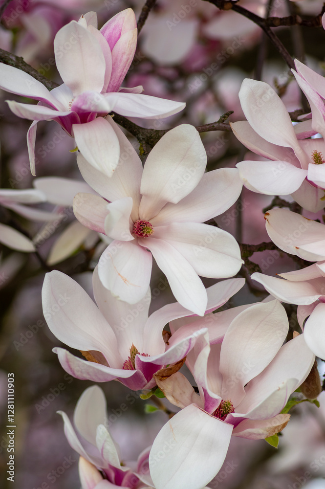 Magnolia soulangeana also called saucer magnolia flowering springtime tree with beautiful pink white flower on branches
