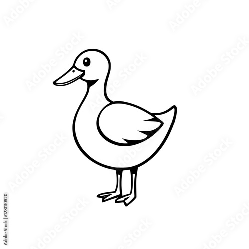 Friendly duck in minimalist style, bold black lines, on white background. Cartoon illustration.