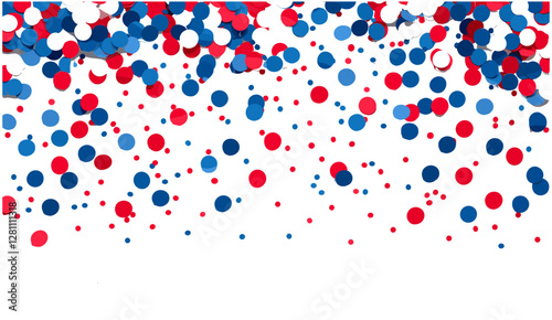 4th July Independence Day decor, blue, red, white confetti, USA, Czech, Russia flag colors, round shaped, flat lay, top view, party invitation, festive background, empty copy space