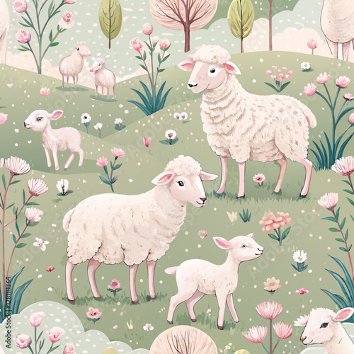 Seamless sheep and lamb background, playful pastel hues, representing sacrifice and gratitude in Eid al-Adha  