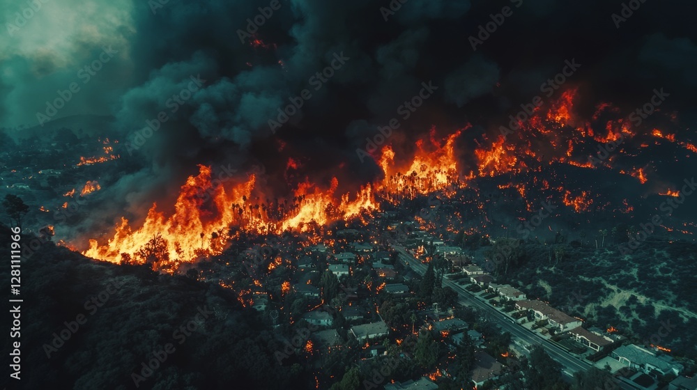 From above, Los Angeles hills are seen consumed by fire, with sections of burning woodland and thick smoke ascending, emphasizing the wildfire's extensive devastation From above, Los Angeles hills are seen consumed by fire, with sections of burning woodland and thick smoke ascending, emphasizing the wildfire's extensive devastation