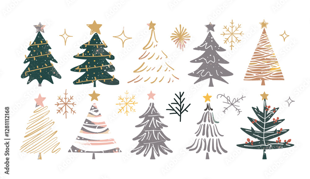 Obraz premium Christmas tree vector illustration, hand drawn doodle style, New Year symbols, winter holidays decorations, xmas trees, festive clipart, holiday vector art, winter holiday designs,