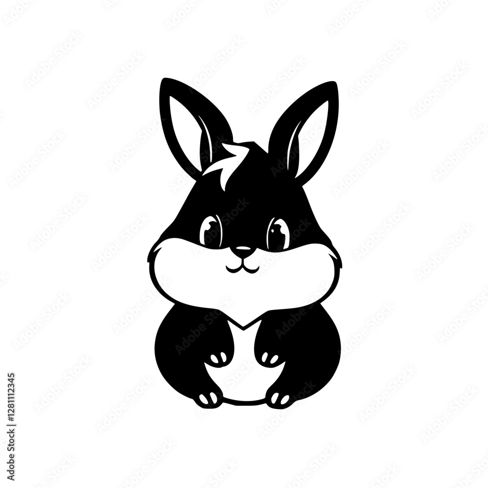 Fototapeta premium Cartoonish Black and White Bunny Rabbit Illustration on a White Background.