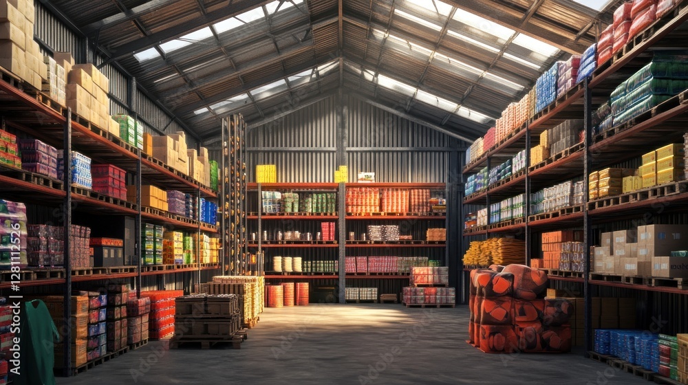 Obraz premium Sunlit warehouse interior with diverse goods on shelves and pallets.