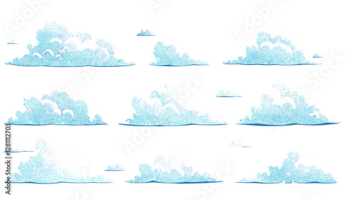 Clouds set vector illustration isolated on blue background, cute cartoon design, simple flat style, modern icon collection, realistic elements, blue sky illustration, weather icons
