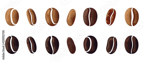 Coffee bean set vector illustration, isolated coffee beans on white background, roasted coffee, caffeine, espresso, organic coffee, Arabica, robusta, fresh beans, coffee seeds, mocha, barista,