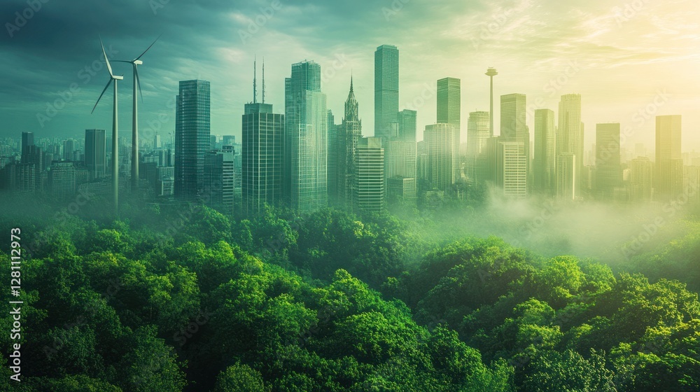 Eco-friendly city skyline with wind turbines and lush forest. Eco-friendly city skyline with wind turbines and lush forest.