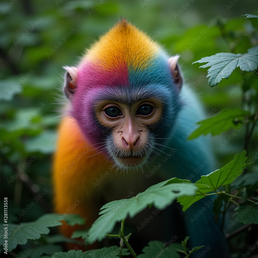 Fototapeta premium Ein exotischer Makakenaffe mit buntem, regenbogenfarbenem Fell, der in den Regenwäldern Asiens lebt und durch das dichte Grün schleicht. 
