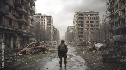 Soldier in Full Gear Stands Amidst the Urban Ruins and Debris