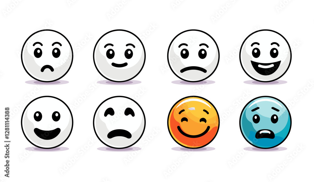 Emoticons set vector, emoji faces collection, happy and sad emoji, flat style emojis, line smiley face, stock vector, cute emoticon, expression icons, cartoon emoji, mood faces, chat symbols Emoticons set vector, emoji faces collection, happy and sad emoji, flat style emojis, line smiley face, stock vector, cute emoticon, expression icons, cartoon emoji, mood faces, chat symbols