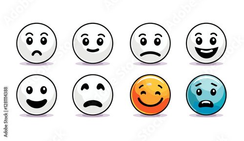 Emoticons set vector, emoji faces collection, happy and sad emoji, flat style emojis, line smiley face, stock vector, cute emoticon, expression icons, cartoon emoji, mood faces, chat symbols