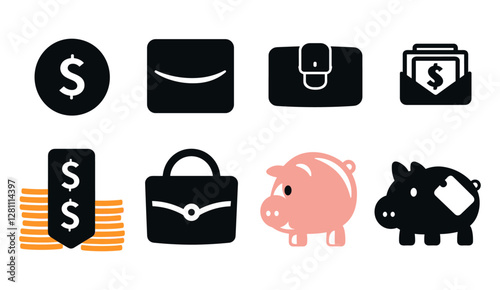 Finance icons vector, business icons, money signs, wallet with cards icon, coins silhouette, growth chart, moneybag, piggy bank flat style, currency symbols, investment, banking, cash flow