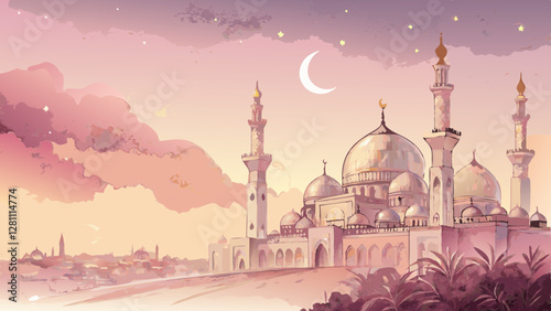 Watercolor mosque skyline background, soft pastels of pink and gold, capturing spirituality and beauty of Imsak evening prayers with copy space  