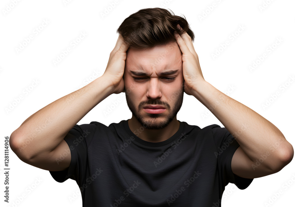 Man Grabbing Head in Pain, Feeling Headache, Expression of Discomfort Man Grabbing Head in Pain, Feeling Headache, Expression of Discomfort